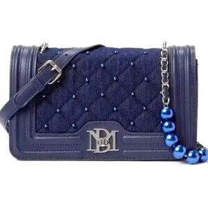 Badgley Mischka Pearl Diamond Quilted Denim Blue Vegan Leather Crossbody NWT